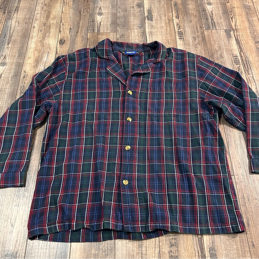 Pendleton Flannel Pajama Top Blue Red Grn Plaid 100% Cotton Lounge Shirt Size XL